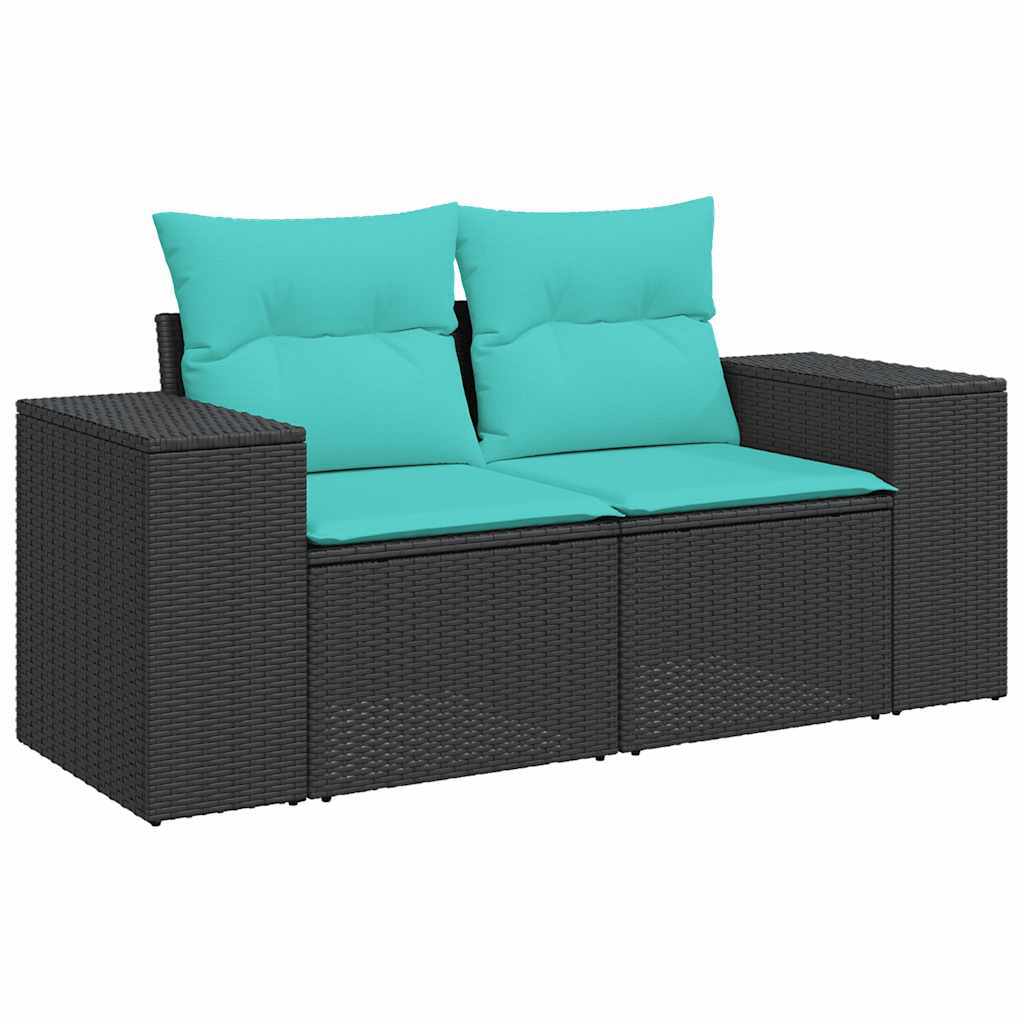 7 Piece Patio Sofa Set with Cushions Black Poly Rattan Acacia