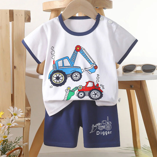 Baby Boys Outfit Set, Cotton Short Sleeve Cartoon Print Shirts and Shorts Sets White Size 6 Months