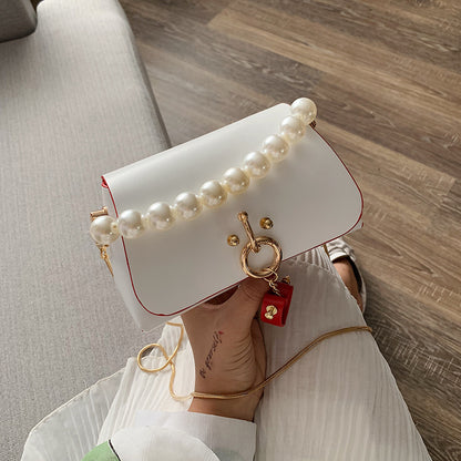 Color: White, Size: L - 2021 new European style pearl shoulder bag