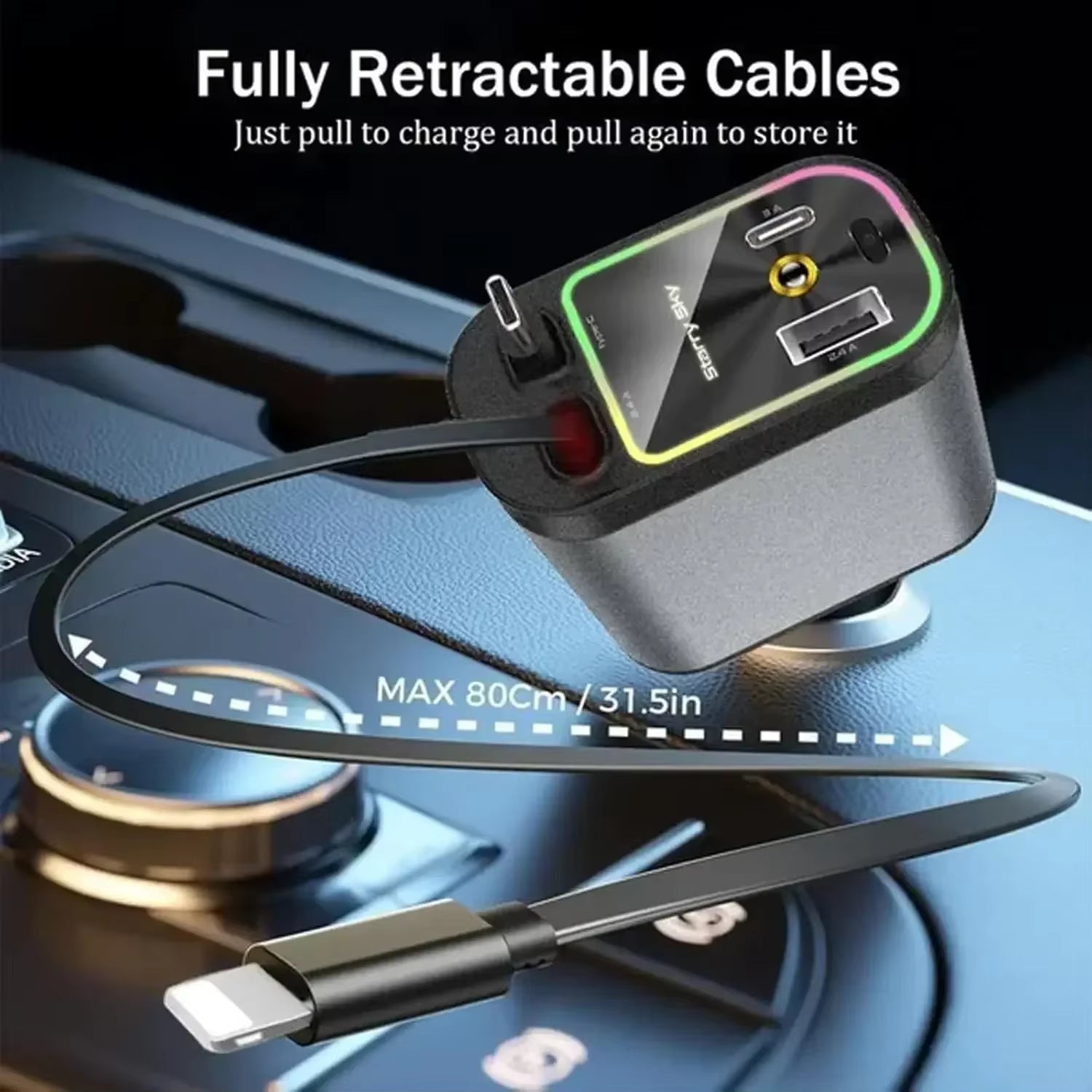 4 in 1 Retractable Car Charger with USB C Lightning Cable Starlight in Auto Roof Fast Charging for Iphone Samsung Phones