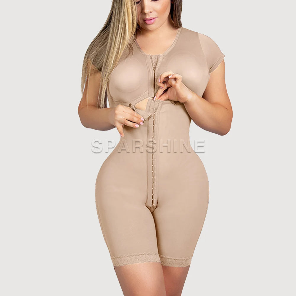 Adjustable Hook Fajas Colombianas Waist Corset and Eye Front Closure Short Sleeve Women Shapewear with Bra