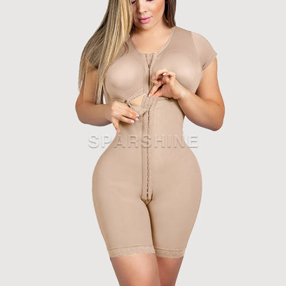 Adjustable Hook Fajas Colombianas Waist Corset and Eye Front Closure Short Sleeve Women Shapewear with Bra