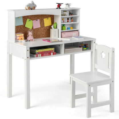 Kids Desk and Chair Set with Hutch and Bulletin Board for 3+ Kids-Pink