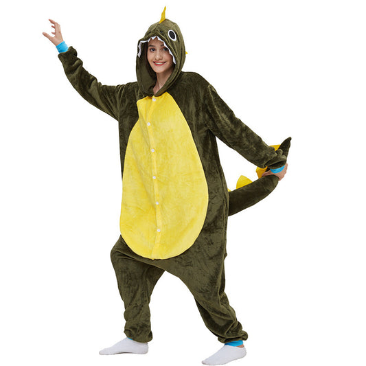 Color: Green, Size: XL - The New Army Green Small Thorn Dragon Cartoon Animal One-piece Pajamas Cute Home Clothes For Men And Women Play Clothes Animal Pajamas