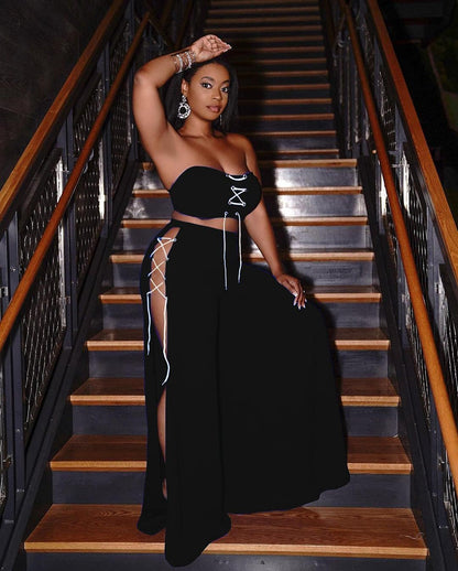 Dressy Rompers for Women Casual Summer Outfits for Women 2 Piece Sets - Sexy off Shoulder Strapless Lace up Crop Tube Tops and High Split Wide Leg Palazzo Long Pants Set Jumpsuits Clubwear Black, S