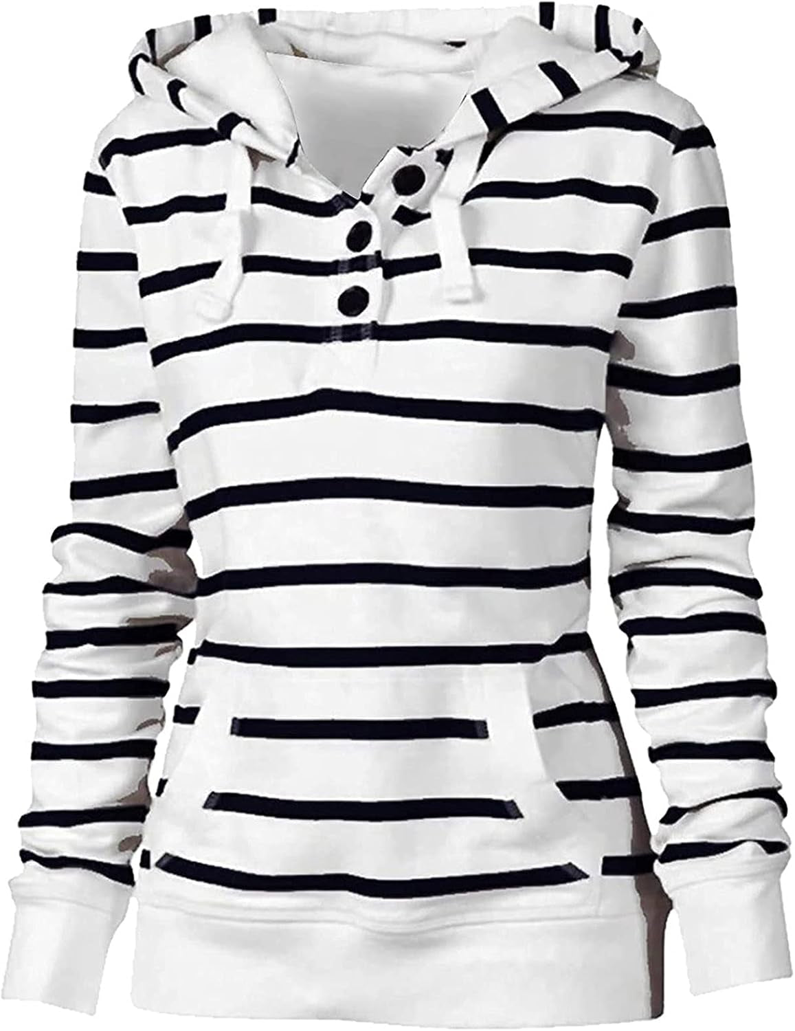 Women'S Fashion Button V Neck Hoodies Tops, Fall Casual Stripe Comfy Long Sleeve Pocket Pullover Sweatshirt for Ladies