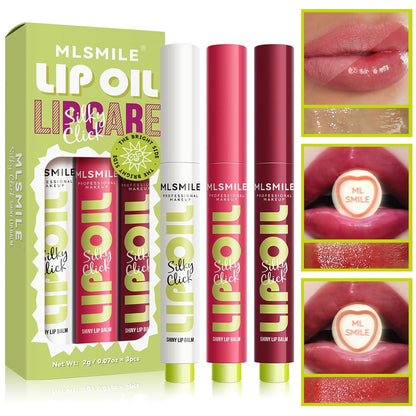 3 Colors Fat Lip Oil Click Slick, Moisturizing and Long-Lasting Lip Balm, Non-Stick and High Pigment Lip Glow Oil, Lightweight Lip Plumper with Coconut Oil (Set: A)