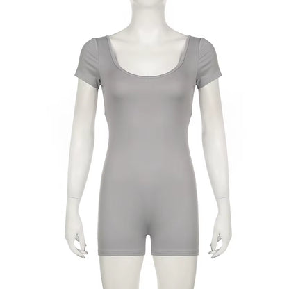 Backless Short Sleeve Rompers Sport Fitness Playsuit Women Sexy Streetwear Solid Skinny Jumpsuit Fashion Summer Clothes