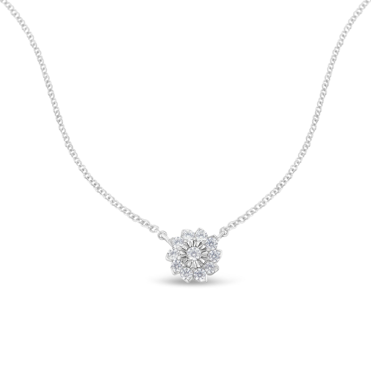 .925 Sterling Silver 1/2 Cttw Diamond Miracle Set Flower Cluster Pendant Necklace with Cable Chain (I-J Color, I1-I2 Clarity) - 18"