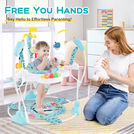 Centro de actividades para bebés con platillo saltarín de altura ajustable y juguetes interactivos - Azul claro - Color: Azul claro