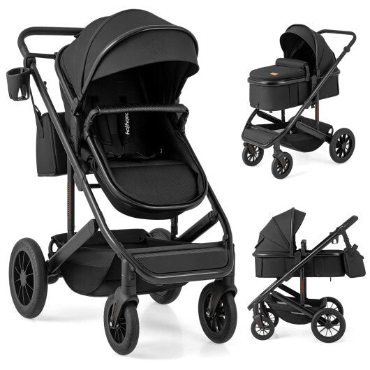 Cochecito plegable convertible 3 en 1 para recién nacidos con cuna desmontable - Negro - Color: Negro