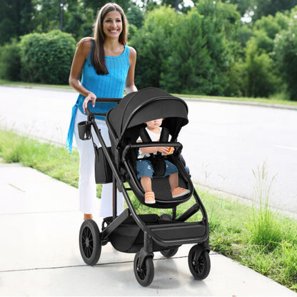3-in-1 Folding Convertible Newborn Stroller with Detachable Bassinet-Black - Color: Black