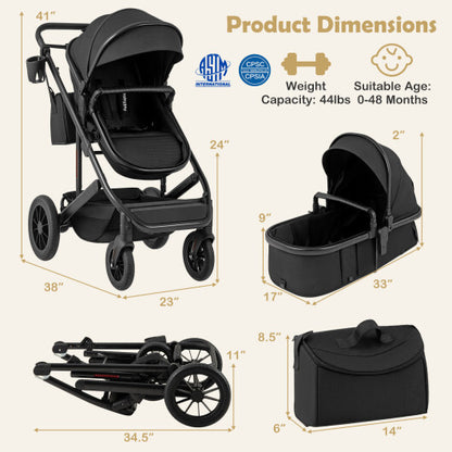 3-in-1 Folding Convertible Newborn Stroller with Detachable Bassinet-Black - Color: Black