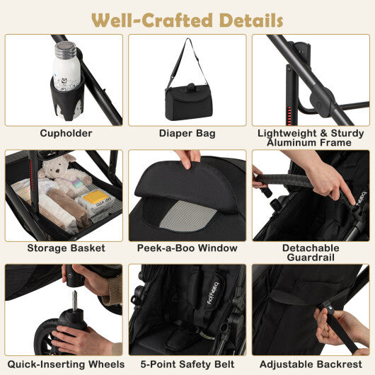 3-in-1 Folding Convertible Newborn Stroller with Detachable Bassinet-Black - Color: Black