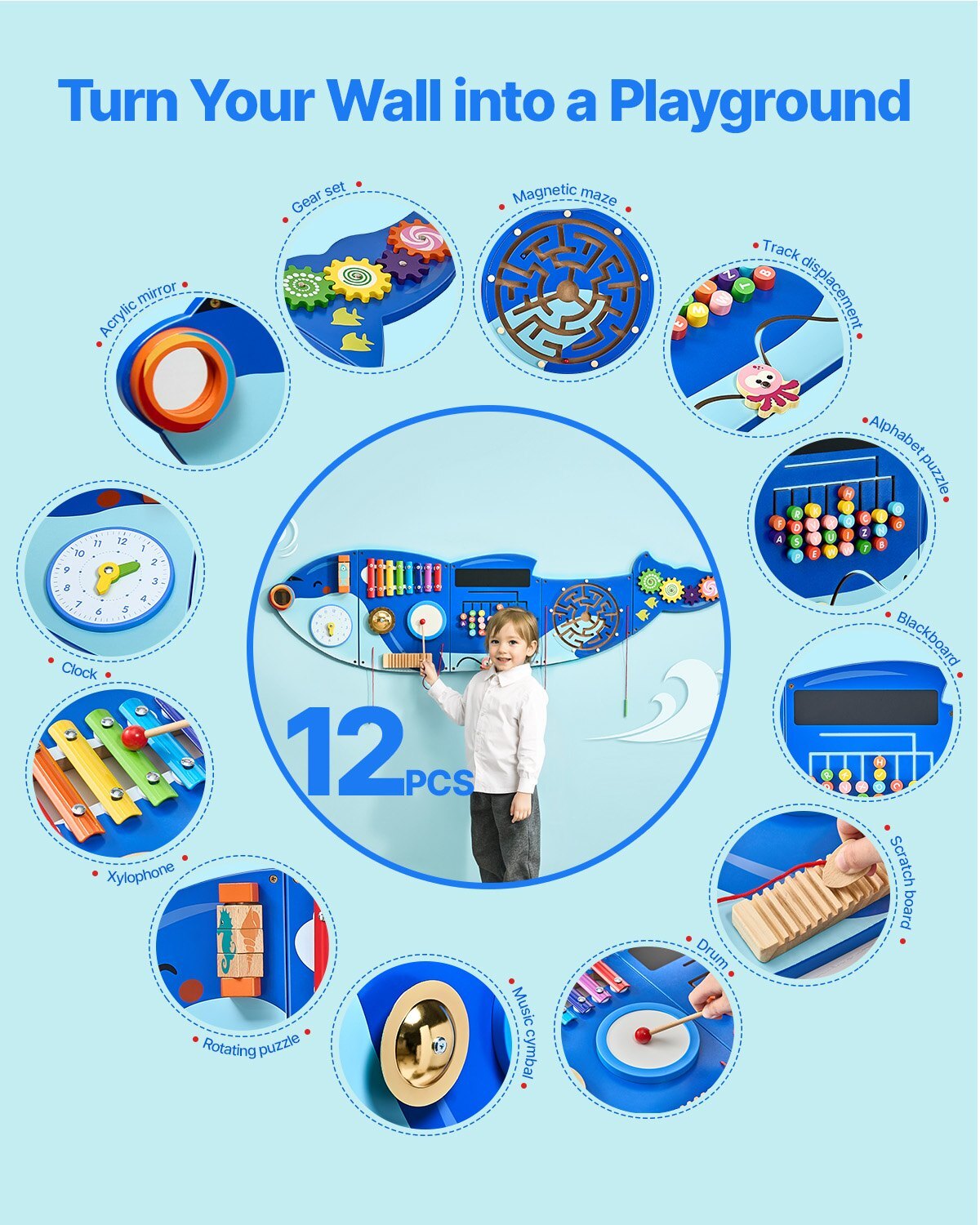 Orca Activity Wall Busy Board Panels, 12 Activities, Montessori Sensory Wall Toy for Kids 3-12 Years, Montessori Learning Activity Center, Ideal for Toddler Playroom Nursery Classroom