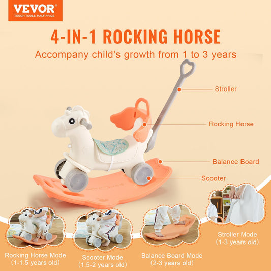 VEVOR Caballo balancín 4 en 1 para niños de 1 a 3 años, caballo balancín para bebés con tabla de equilibrio desmontable, asa de empuje y 4 ruedas suaves, soporta hasta 36 kg de HDPE, juguete para montar para niños con sonido, rojo