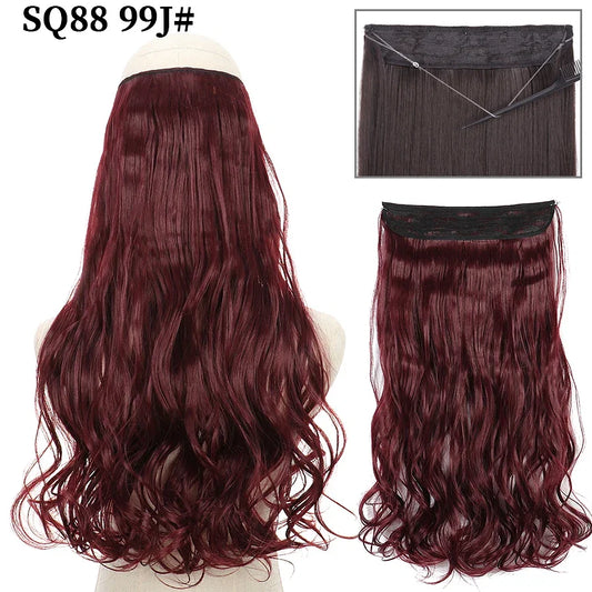 Color: T1B/Red, Stretched Length: 32inches, Ships From: CHINA - Synthetic Natural Wavy No Clip Fish Line Invisible Hair Extensions Mixed Color Blonde Black Artificial False Hair Piece ForWomen