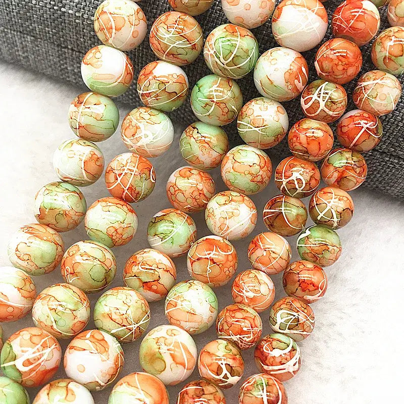 Color: Pale pinkish gray, Item Diameter: 7mm - Wholesale 4/6/8/10mm Glass Beads Round Loose Spacer Beads Pattern For Jewelry Making DIY Bracelet Necklace