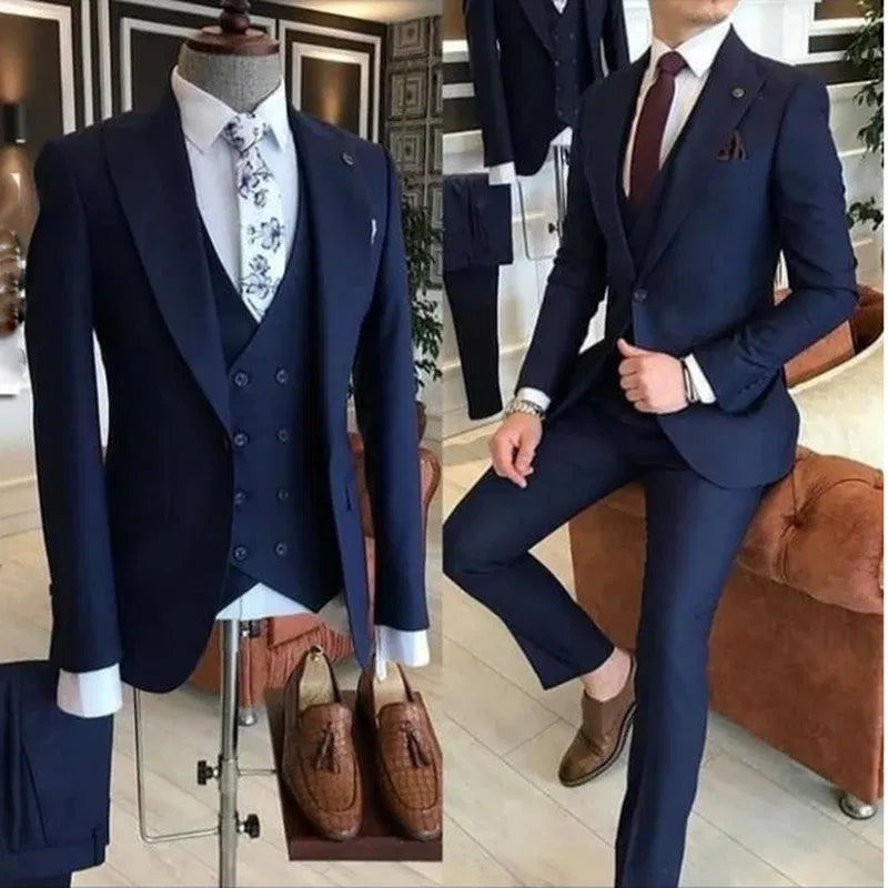 Color: Navy Blue, Size: XL, Ships From: CHINA - Groom Wear 3 Pieces Gray Men Suits 2021 Slim Fit Peak Lapel One Button Tailor Made Terno Masculino (Jacket+Pants+Vest+Tie?