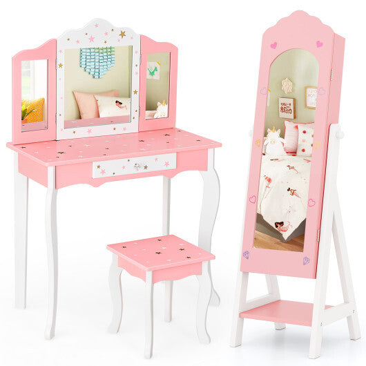 Tocador infantil de 2 piezas y joyero con espejo de cuerpo entero, color rosa