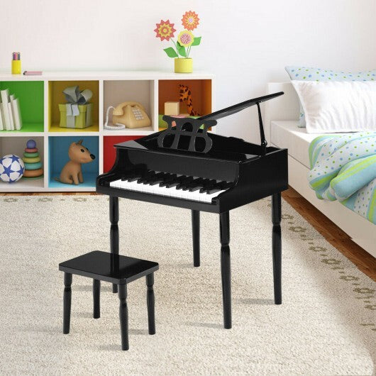 30-Key Wood Toy Kids Grand Piano with Bench & Music Rack-Black - Color: Black