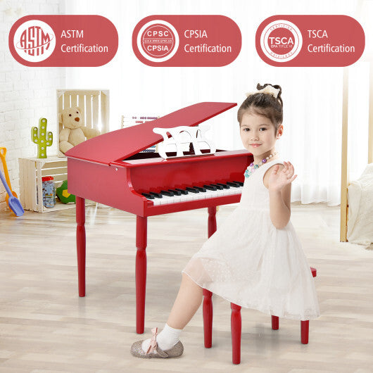 30-Key Wood Toy Kids Grand Piano with Bench and Music Rack-Red - Color: Red