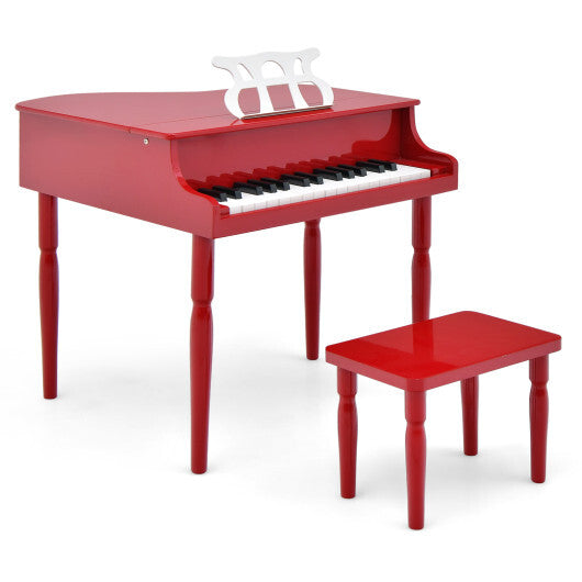 30-Key Wood Toy Kids Grand Piano with Bench and Music Rack-Red - Color: Red
