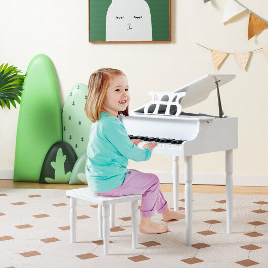 30-Key Wood Toy Kids Grand Piano with Bench and Music Rack-White - Color: White
