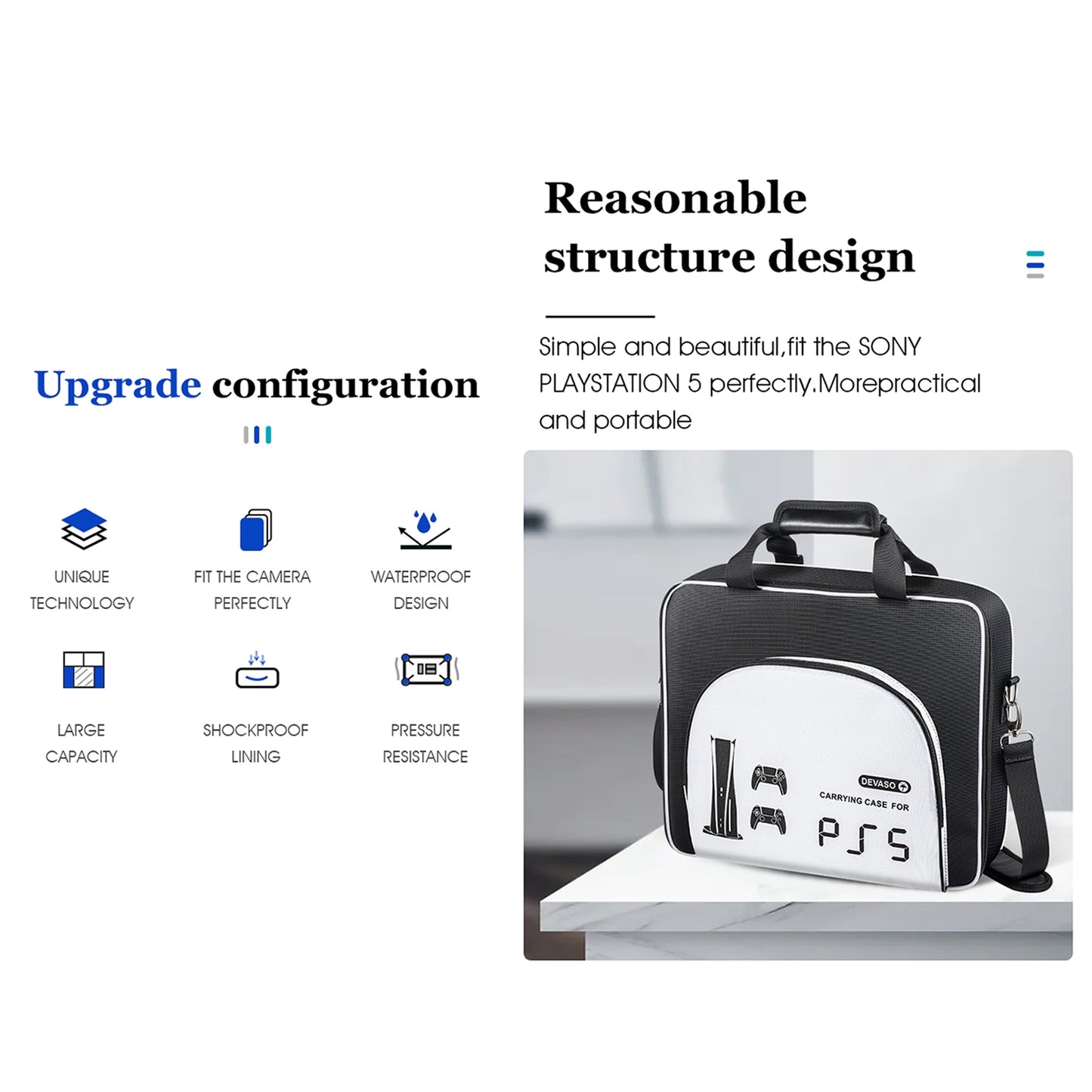 Hard Shell Carrying Case Organizer Compatible For Ps5 Game Console Travel Handbag Large Capacity Storage Bag Black and white 1110248