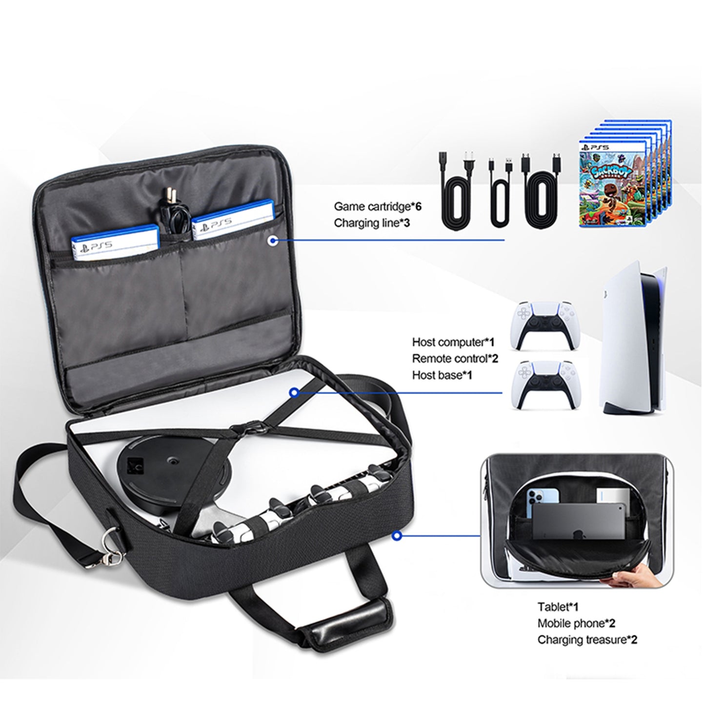 Hard Shell Carrying Case Organizer Compatible For Ps5 Game Console Travel Handbag Large Capacity Storage Bag Black and white 1110248