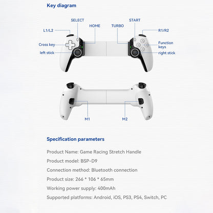 D9 Stretching Extendable Game Console Telescopic Game Controller with 2 Customization Back Keys Gaming Controller Red