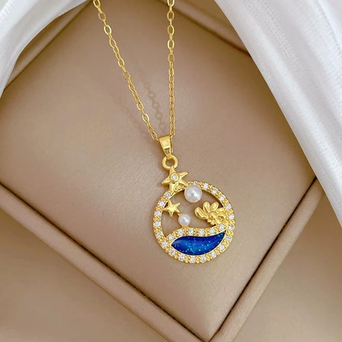 Collar ligero de lujo con forma de estrella de acero y titanio para mujer, color dorado 