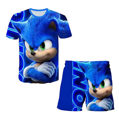 Color: Pink, Size: M - New Japanese cartoon Sonic T-shirt children's top T-shirt shorts two-piece set summer boy cartoon cute T-shirt+beach pants
