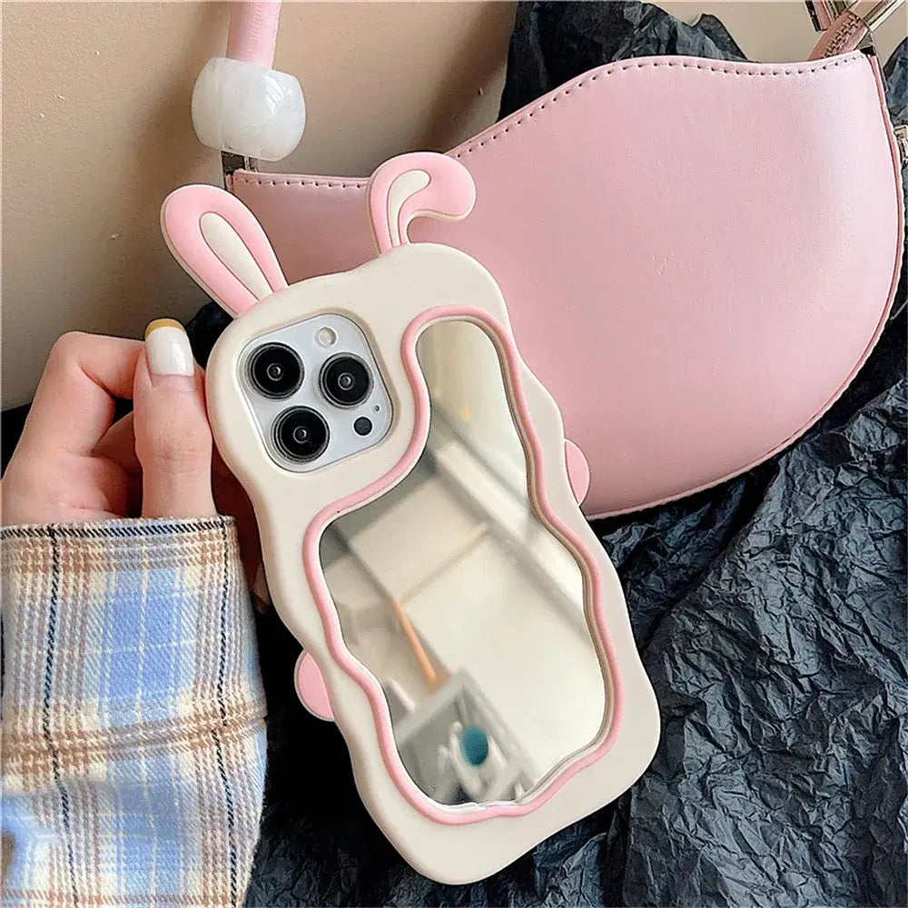 Color: Pink, Material: PU - Cute Bunny Ears Mirror Phone Case For iPhone 15 14 Plus 13 12 11 Pro Max Shockproof Silicone Case