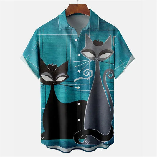 Color: Silver, Size: M - Men's Summer Shirts Egyptian Cat 3D Pattern Shirt Summer Lapel Short Sleeve Vintage Tops 2023 Unisex Men's And Women's Clothing