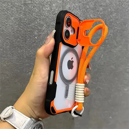 Color: Blue, Material: Silicon - Armor Candy Color Clash For Magsafe Phone Case For iPhone 16 15 14 13 12 11 Pro Max Plus Stand With Wrist Strap Phone Back Cover