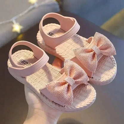 Color: Blue, Shoe Size: 2 - Girls Sandals 2024 Summer Princess Children Sandals Bow Tie Girl Shoes Fashion Casual Non Slip Kids Beach Shoes