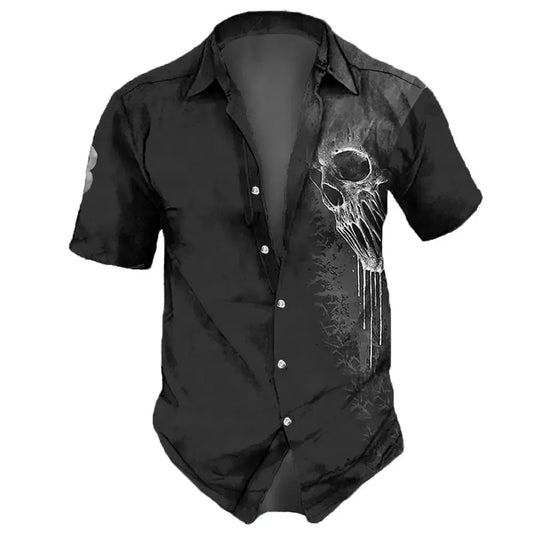 Color: Yellow, Size: L - 2023 Skull  Men's Shirts Lapel Streetwear Vintage Shirt For Men Street Hip Hop Short Sleeve Top Party Summer Men Hawaiian Shirts