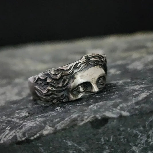 Anillos para hombre Anillo creativo de máscara de Venus, relieve retro tailandés de plata con