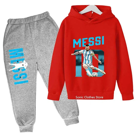 Color: verde militar, talla para niños: 5 - Ropa infantil con estampado de avatar de Messi, sudaderas con capucha y pantalones de otoño e invierno para niños, trajes casuales de 2 piezas para niños y niñas