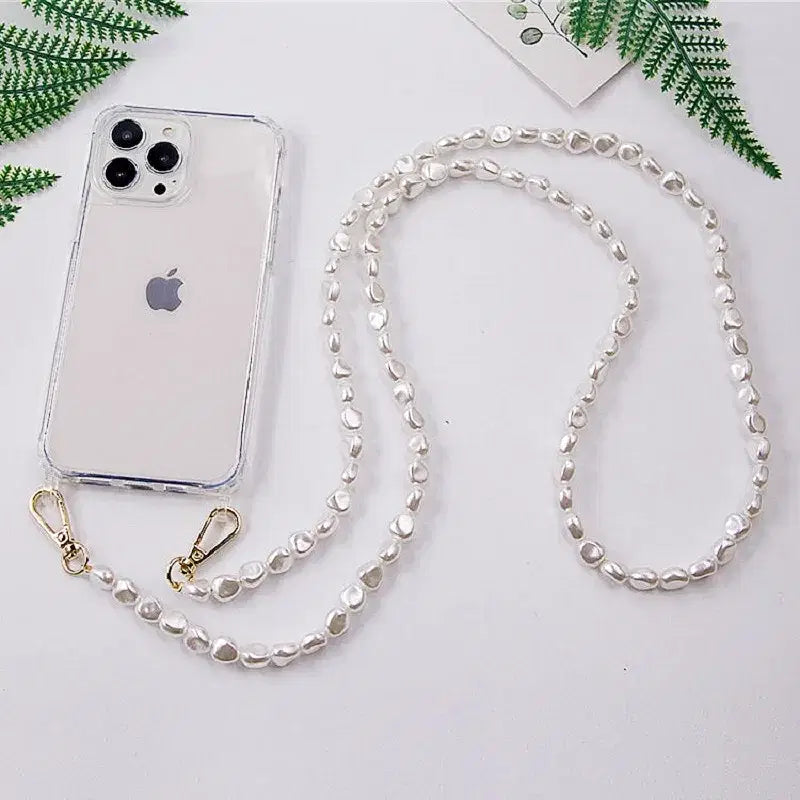Color: Beige, Bundle: Case & Strap, Material: ABS - Crossbody Lanyard Necklace Pearl Bracelet Phone Case with Chain for Iphone 13 12 14 Pro Max 15 X XS 6S 7 8 Plus Cover with Strap