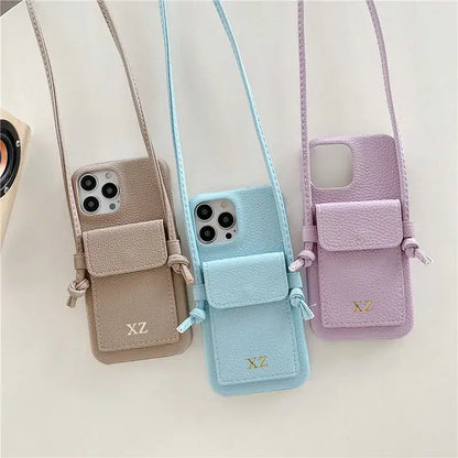 Color: Brown, Material: Nylon - Personalized Gold Silver Letters Leather PU Card Holder Lanyard Hard Case For iPhone 14 13 12 11 15 Pro Max XS XR 16  Plus Cover