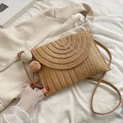 Color: Marrón - Bolso bandolera de playa de paja hecho a mano para niñas, bolso de verano tejido con bolitas de pelo pequeñas.