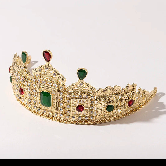 Color del metal: Dorado - LUIZADA Tocado redondo de princesa reina europea, corona de cristal para novia marroquí, tocado de novia rey, accesorios para el cabello de boda