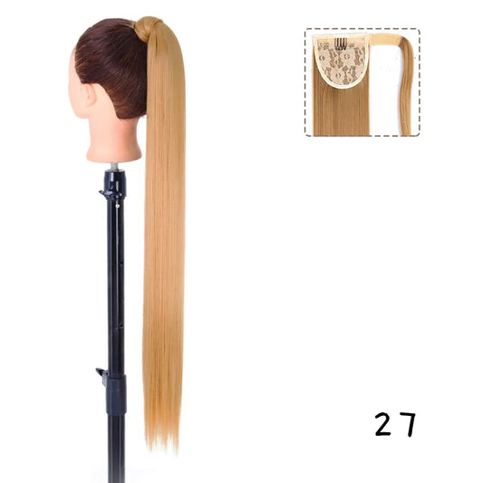Color: P2/613, Largo estirado: 34 pulgadas - AZQUEEN Postizo sintético liso con cola de caballo de 85 cm, extensiones de cabello con clip envolventes súper largas, cola de caballo para uso diario