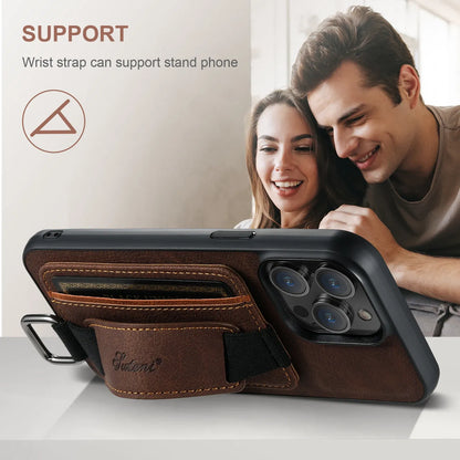 Color: Blue, Material: POLYESTER - SUTENI Lychee skin print wrist strap card phone case Card holder for iPhone 16 ProMax 15 Plus 14 13 12 11 XR XS Black/blue/brown