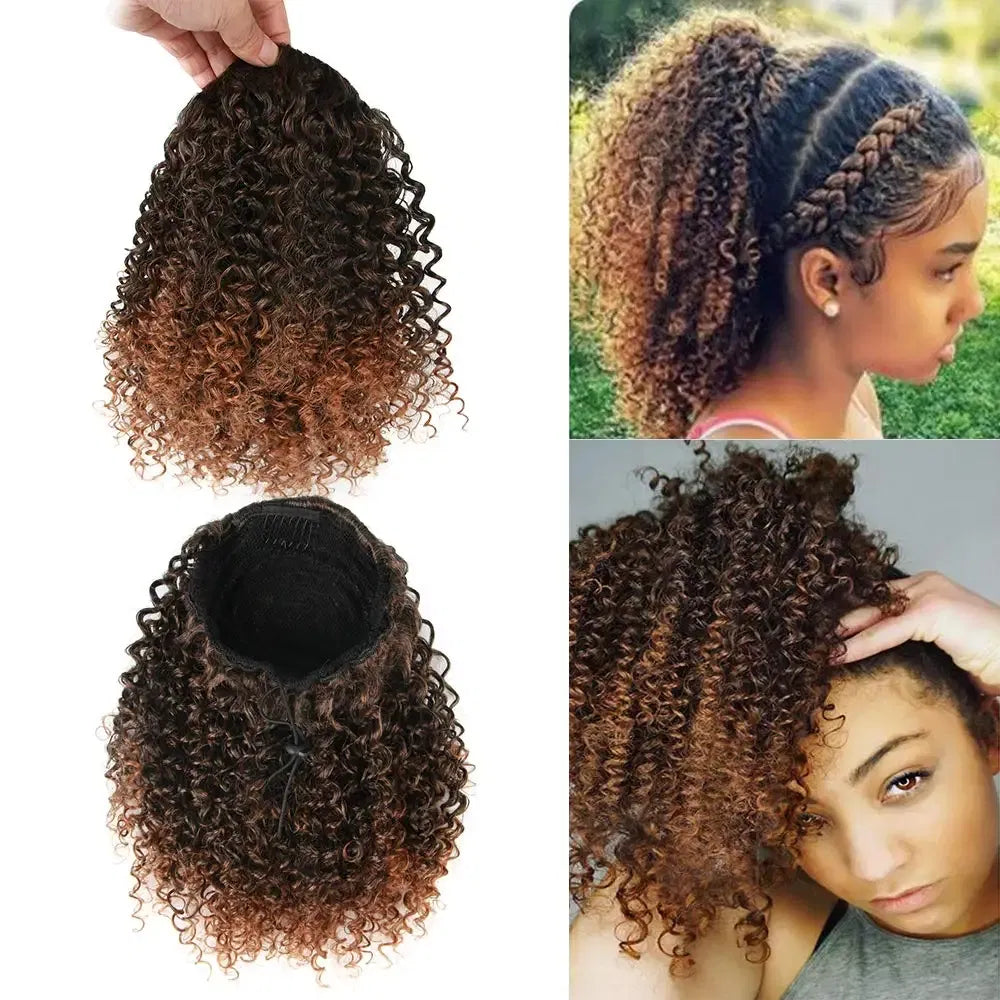 Color: T1B/30, Stretched Length: 20inches - Synthetic Short Afro Kinky Curly Ponytail Hair Piece for African American Ponytail Extension Afro Kinky Curly Ponytail for Women