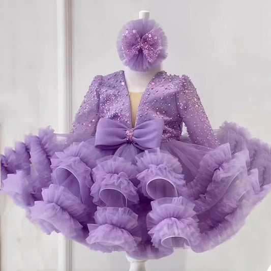 Talla de niño: 6T, Color: Marrón - Vestido de manga larga con lentejuelas para niñas de 2 a 12 años, vestido hinchado con encaje para cumpleaños, boda, niña de las flores, vestido con lazo para actuación