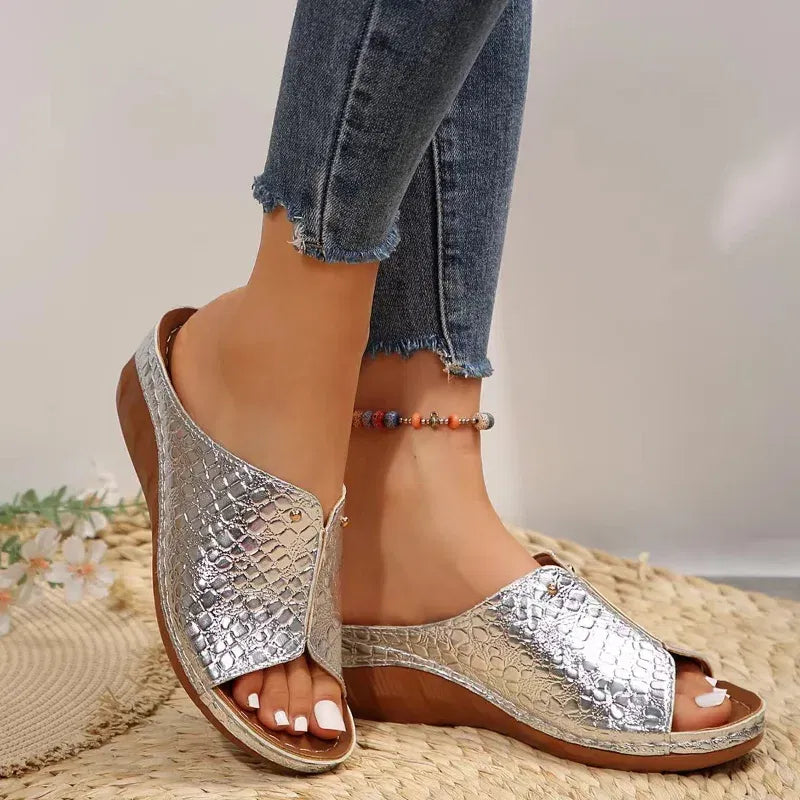 Color: Silver, Shoe Size: 41 - Women Gold Wedge Slippers New Summer Woman Crocodile Print Platform Sandals Female PU Leather Non Slip Beach Slides