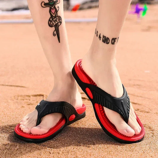 Color: Rojo, Talla del zapato: 46 - Chanclas de masaje para hombre, sandalias de playa transpirables de verano para hombre, chanclas de lujo transpirables, zapatillas de hombre de talla grande 46